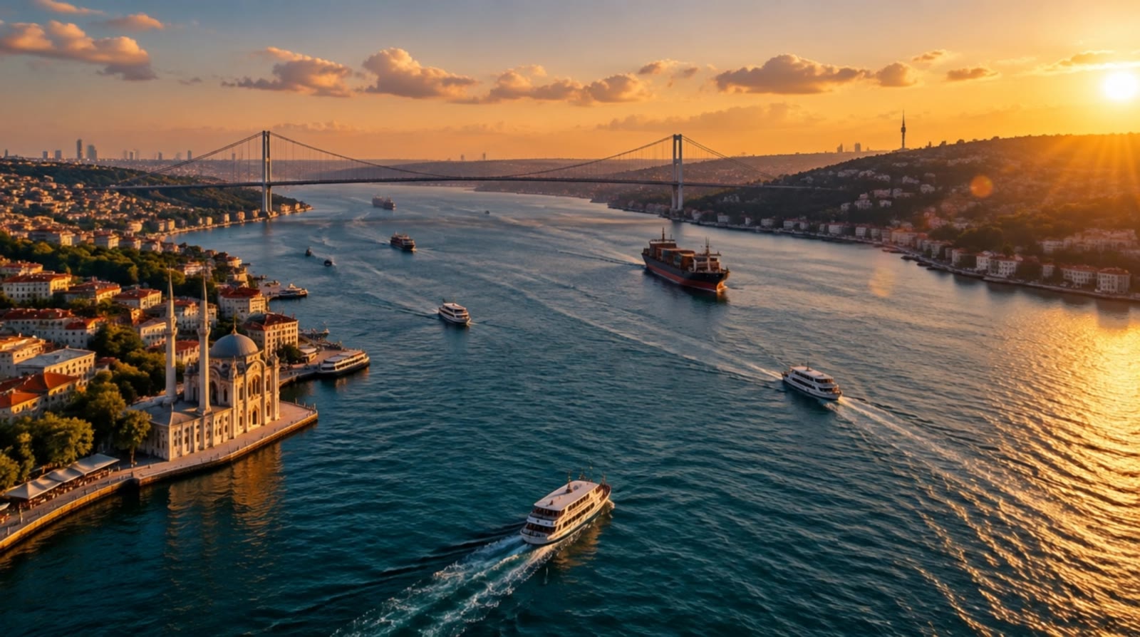 İstanbul Boğazı, gün batımı, havadan